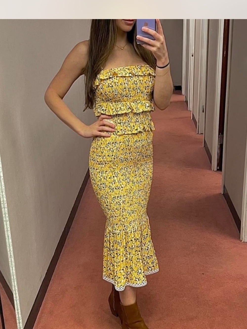 ANTONIO MELANI Yellow Floral Smocked Midi Skirt with Ruffle Tiers